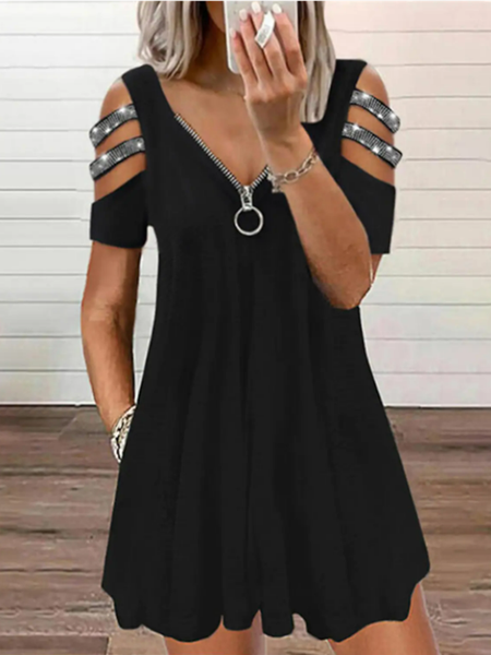 

Short sleeve V-neck zipper plain no pattern a-hem loose top T-shirt Plus Size Gliter Sequins, Black, Long sleeve tops