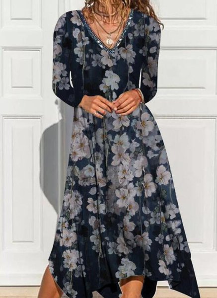 

Cotton Blends Floral V Neck Dresses, Dark blue, Maxi Dresses