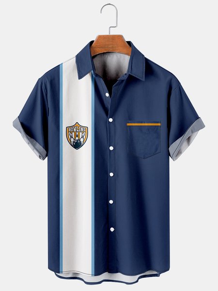 

Mens Classic Bowling Print Casual Breathable Short Sleeve Hawaiian Bowling Shirts, Blue, Men's Floral shirt