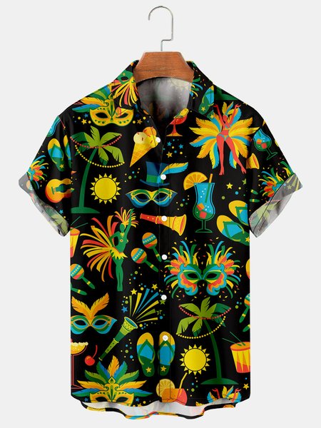 

Mardi Gras Graphic Casual Breathable Short Sleeve Hawaiian Shirts, As picture, Men's Floral shirt