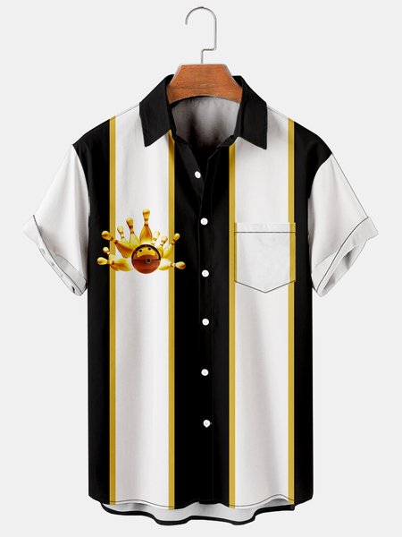 

Mens Classic Bowling Print Casual Breathable Short Sleeve Hawaiian Bowling Shirts, Black, Men's Floral shirt