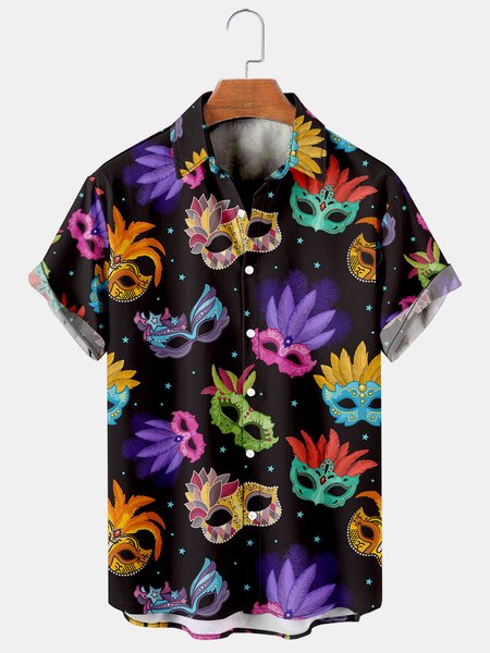 

Mardi Gras Graphic Casual Breathable Short Sleeve Hawaiian Shirts, As picture, Men's Floral shirt