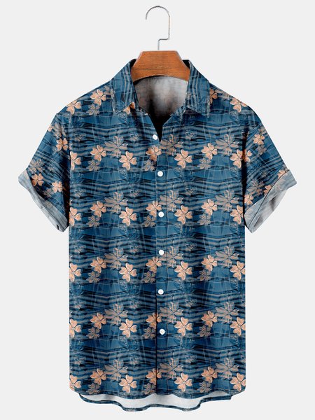 

Mens Striped Printed Breathable Casual Short Sleeve Shirt, As picture, Men's Floral shirt