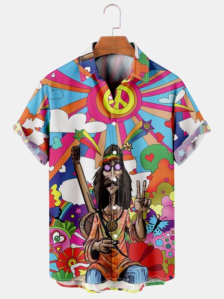 

Mens Funky Hippies Print Casual Breathable Short Sleeve Hawaiian Shirts, As picture, Men's Floral shirt