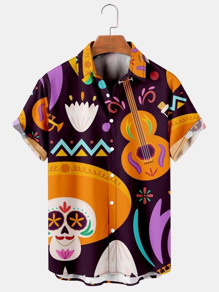 

Mens Funky Skull Music Print Casual Breathable Short Sleeved Hawaiian Shirt, As picture, Men's Floral shirt