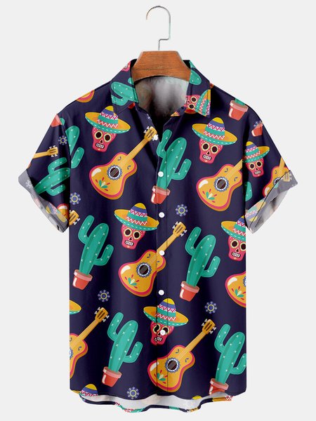 

Mens Funky Skull Music Print Casual Breathable Short Sleeved Hawaiian Shirt, As picture, Men's Floral shirt