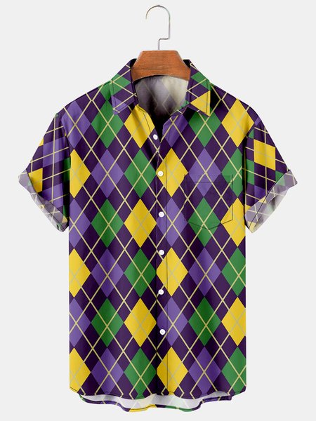 

Mardi Gras Graphic Casual Breathable Short Sleeve Hawaiian Shirts, Black, Men's Floral shirt