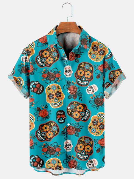 

Vintage Skull Graphics Casual Breathable Short Sleeve Shirts, As picture, Men's Floral shirt