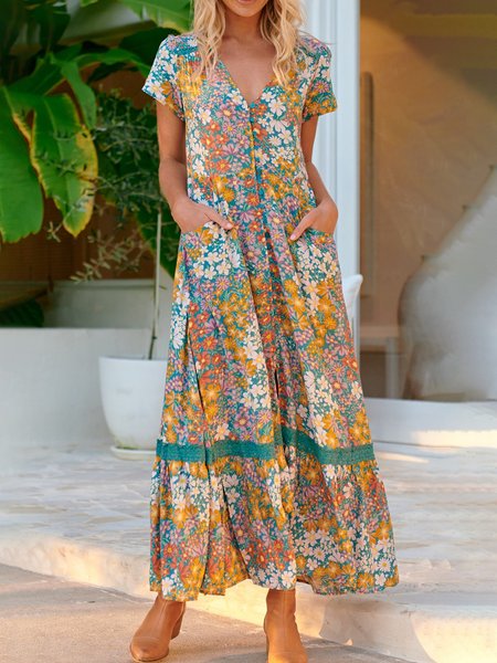 

Holiday Casual Floral Print Short Sleeve V neck Boho Maxi Dresses, Yellow, Maxi Dresses