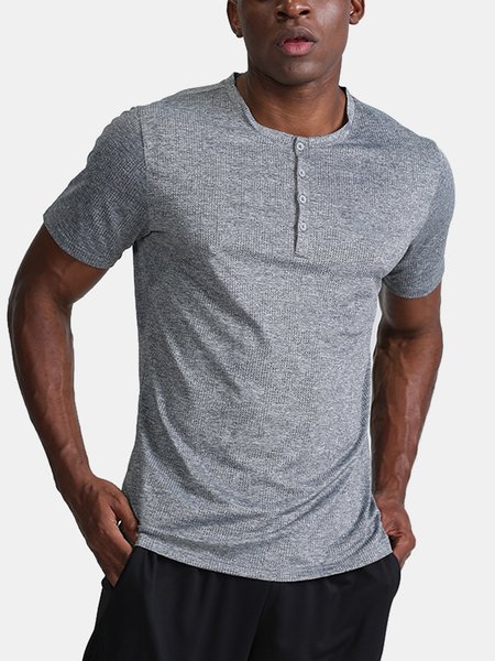 Men's Quick Dry Breathable Henley Collar Short Sleeve Tee, Gray, T-shirt
