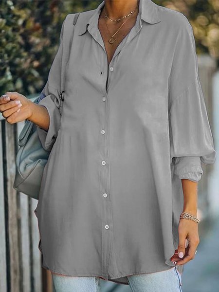 

Casual Daily Solid Color Lapel Long Sleeved Shirts, Gray, Shirts & Blouses