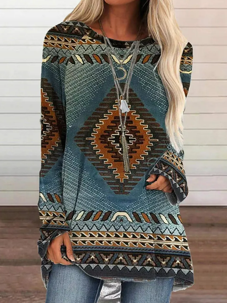 

Long sleeve round neck geometric Vintage Plaid western style top T-shirt Plus Size, Darkgreen, Long sleeve tops