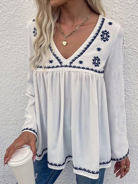 

V Neck Floral Loosen Shirts & Tops, White, Blouses & Shirts