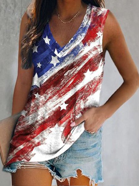 

JFN V Neck American Flag Casual Tank Top, Multicolor, Tanks & Camis