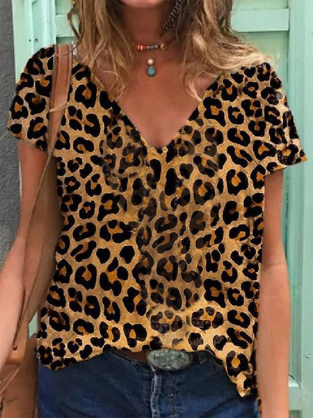 

Holiday Casual Leopard Print Short Sleeve V Neck T-Shirts, Yellow, T-Shirts