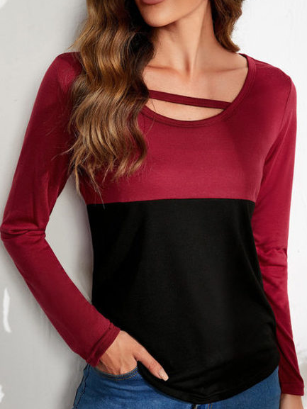 

Plain Casual Regular Fit Shirts & Tops, Black-red, Long sleeve tops
