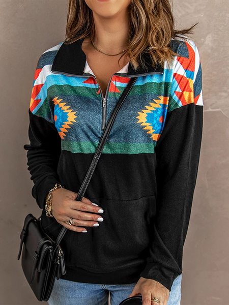 

Aztec Print Atop Casual Long Sleeve Lapel Black Pullover Tops, Long sleeve tops