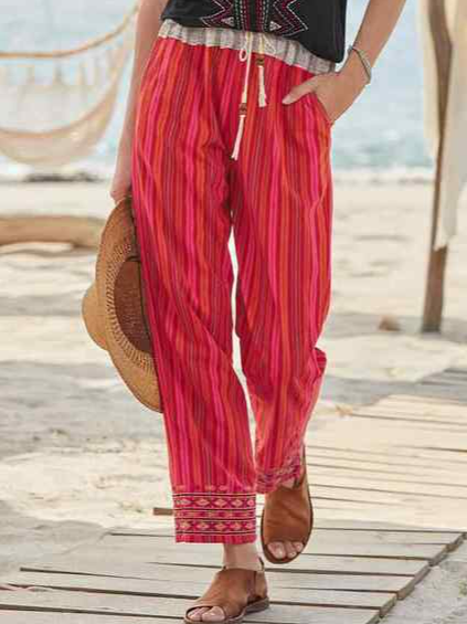 

Beach Striped Cotton Blends Pants, Red, Pants