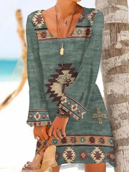 

Tribal Cotton Blends Loosen Casual Dresses, Green, Mini Dresses