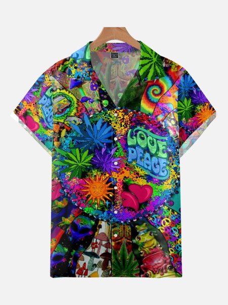 

Love and Peace Graphic Short Sleeve Casual Men's Shirt, White, Men's Floral shirt