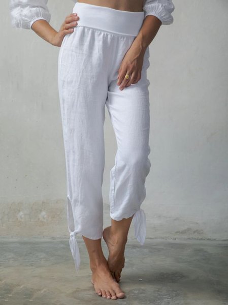 

Casual Knot Front Plain Pants, White, Pants
