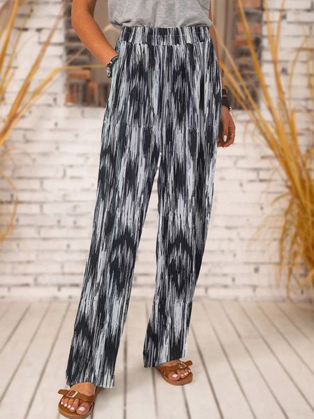 

Loose elastic waist crimp geometric gradient fabric holiday casual pants Plus Size, Black-white, Pants