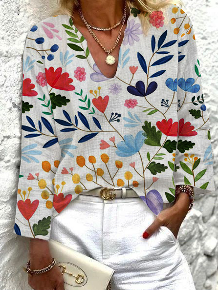 

Vacation Floral V Neck Cotton Blends Loosen Shirts & Tops, Multicolor, Long sleeve tops