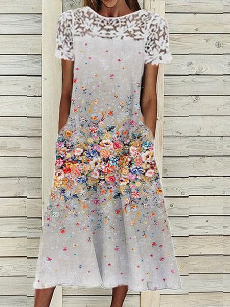 

Floral Printed Lace A-line Casual Loosen Dresses, As picture, Midi Dresses