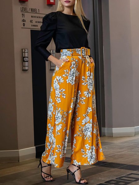 

Printed Floral Wide Leg Pants, Yellow, Wide Leg Pants