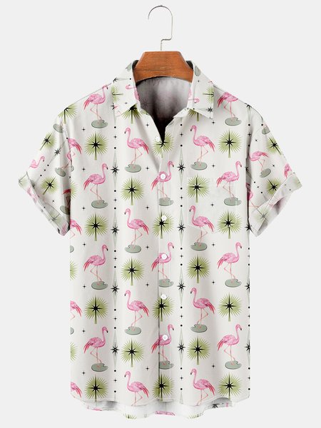 

Mens Flamingo Print Breathable Casual Short Sleeve Shirt, As picture, Shirts ＆ Blouse