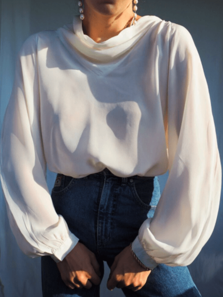 

Spring Cowl Neck Plain Elegant Lightweight Daily Tops, White, Tops