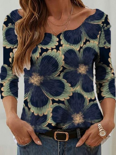 

Romantic Floral Scoop Neckline Cotton Blends Regular Fit Shirts & Tops, Flower, T-Shirts