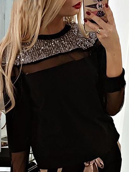 

Sequin Panel Spring New Designer Cozy Women's Top, Black, Long sleeve tops
