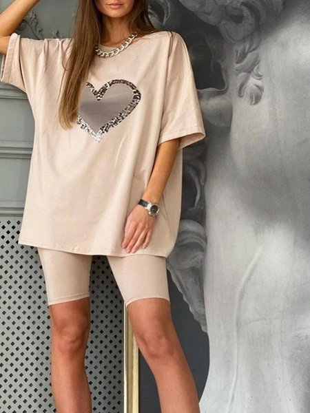 

Love Print Spring New Designer Sports and Leisure Two-piece Set, Apricot, Suit Set