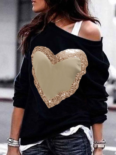 

Scoop Neckline Heart Cotton Blends Sweatshirt, Black, Sweatshirts & Hoodies