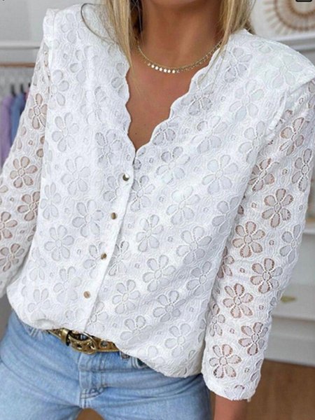 

Solid Lace Button V-neck Long Sleeve Casual Shirts, White, Shirts & Blouses