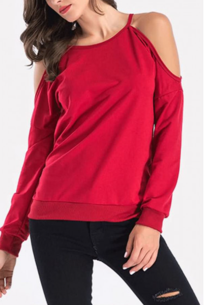 

Loosen Boat Neck Solid Shirts & Tops, Red, Long sleeve tops