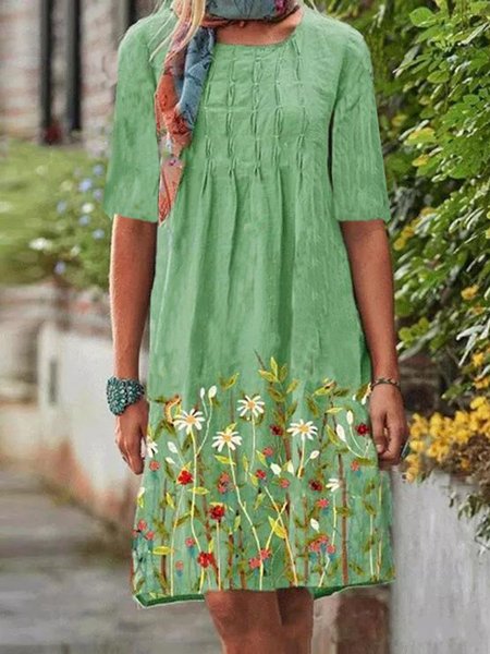 

Floral Romantic Loosen Crew Neck Long sleeve Woven Dress, Green, Mini Dresses