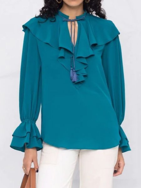 

Flare Sleeve Regular Fit Elegant Flouncing Top, Blue, Blouses and Shirts