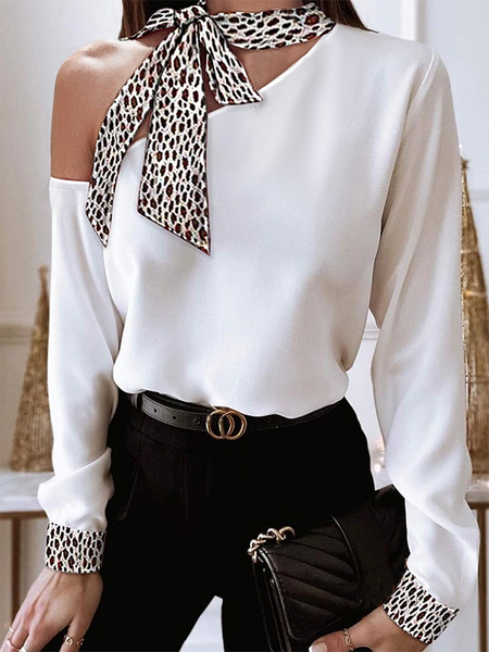 

Leopard One Shoulder Long sleeve Casual Shirts & Tops, White, Tops
