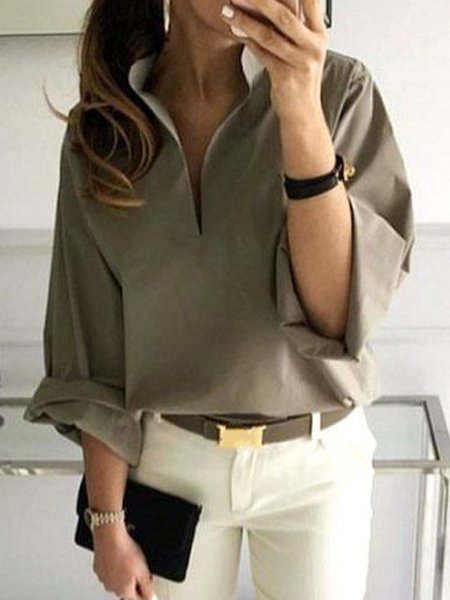 

Simple Stand Collar Plain Long Sleeve Top, Gray, Tops