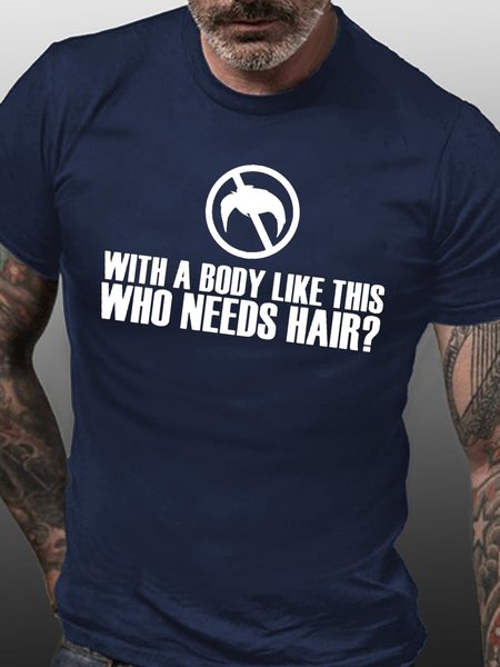 

Funny text print round neck short sleeve T-shirt, Purplish blue, T-shirts