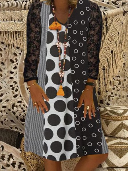 

Color-block Polka Dots Lace Long Sleeve V Neck Plus Size Casual Dresses, Black-white, Mini Dresses