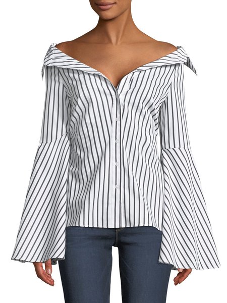 

Striped Boat Neck Elegant Work Shirt, Black-white, Blouses and Shirts