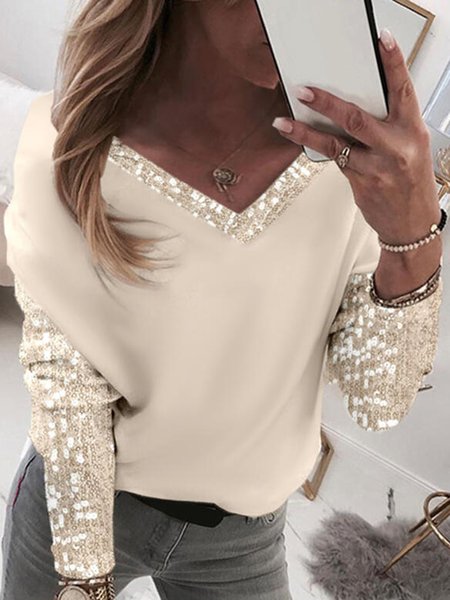 

Casual V Neck Loosen Shirts & Tops, Apricot, Long sleeve tops