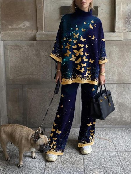 

Butterfly Print Spring New Designer Casual Two-piece Set, Multicolor, Suit Set