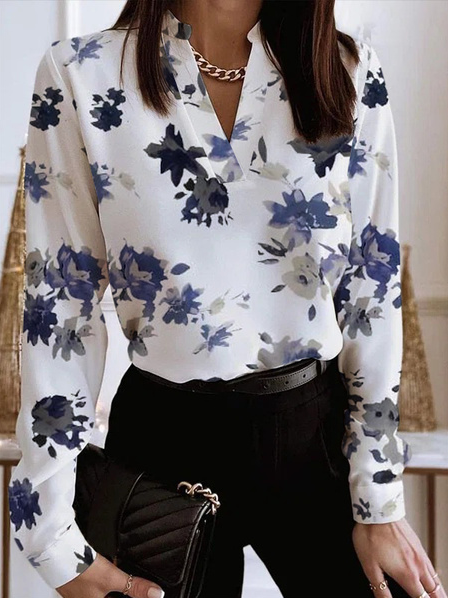 

Floral Vacation V Neck Regular Fit Shirts & Tops, White, Long sleeve tops