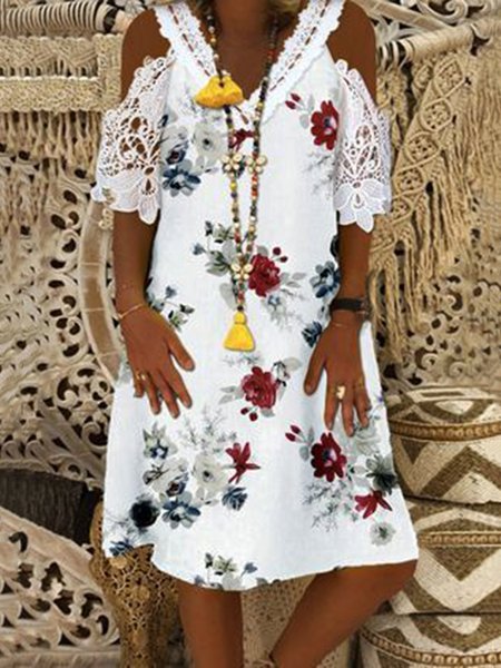 

Floral V Neck Lace Casual A-line Loosen Dresses, White, Mini Dresses