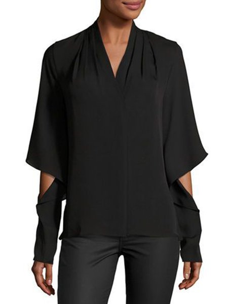 

Casual V Neck Regular Fit Daily Top, Black, Tops
