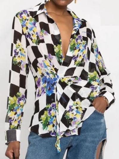 

Regular Fit Long Sleeve Side Tie Checked Shirt, Black-white, Blouses and Shirts